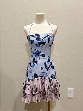 Free People Blue Floral Halter Mini Dress with Pink Ruffle Hem